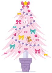 ファンシーでキュートなピンクのクリスマスツリーのイラストアイコン