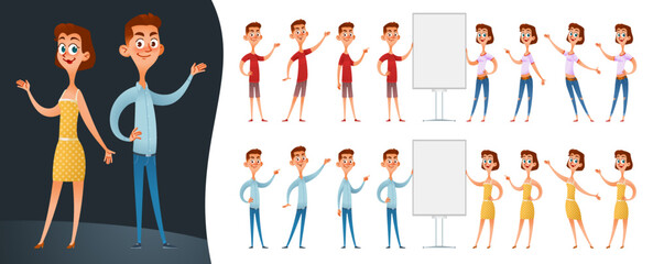 Set of funny cartoon man and woman presenting informational or advertising banner. Characters in various poses pointing at a blank banner, poster or board. Vector illustration. Isolated on white.