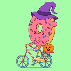 Creative concept food holiday illustration halloween donut in hat riding the bike with pumpkin.