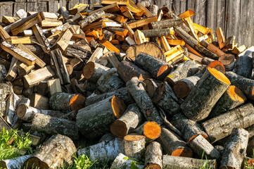 Pile of firewood. Supply of firewood for the winter.