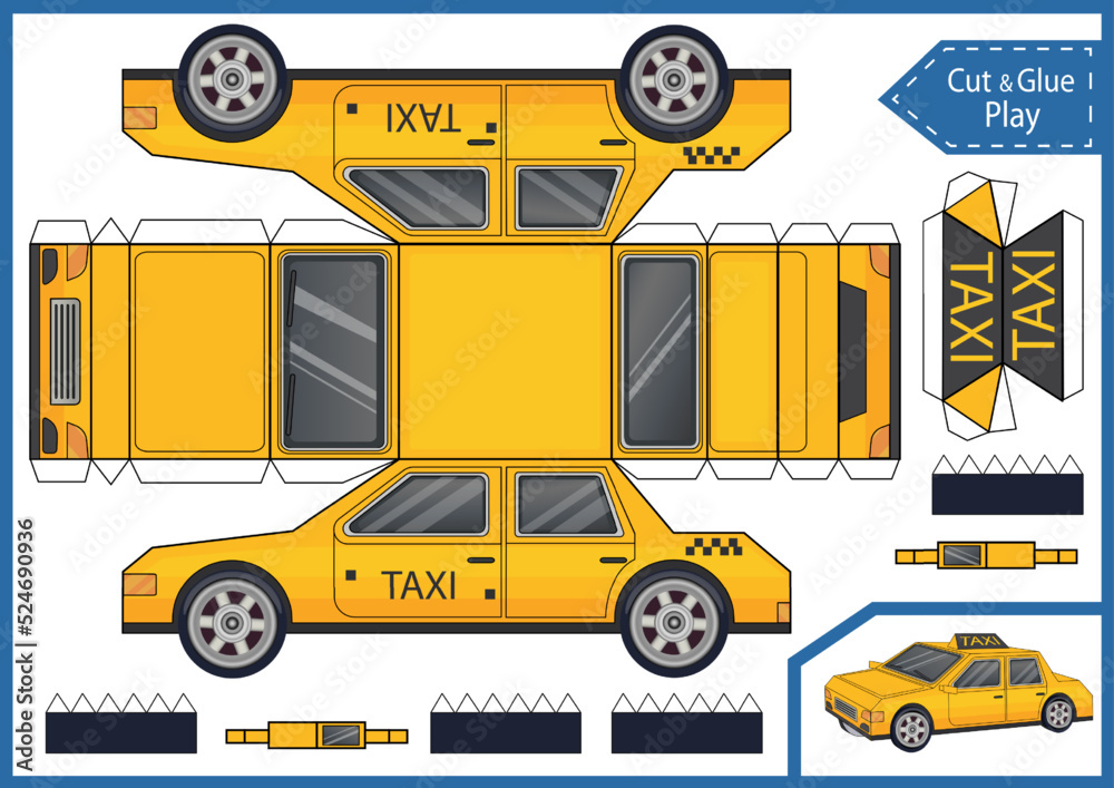 Poster kids craft template. cut and glue paper taxi car. make 3d model of toys car. vector children activit