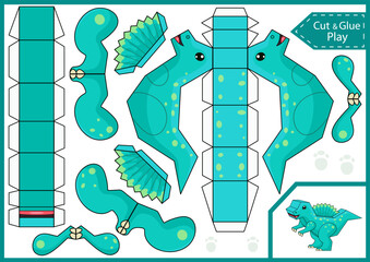 Kids craft template. Cut and glue a paper 3d dinosaur. DIY papercraft toys. Activity worksheet for children. Vector printable education game. Birthday decor. Vector illustration.