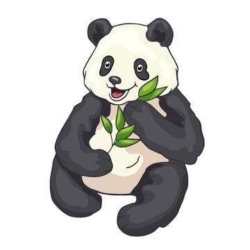 Cute cartoon panda bear with bamboo. Vector illustration funny animals character isolated on white background. 