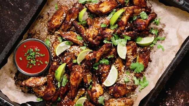 Baked delicious homemade chicken wings with fresh herbs, tomato dip and lime