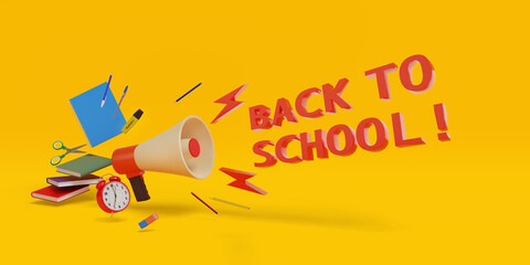 Megaphone with back to school text and school supplies. 3d illustration.