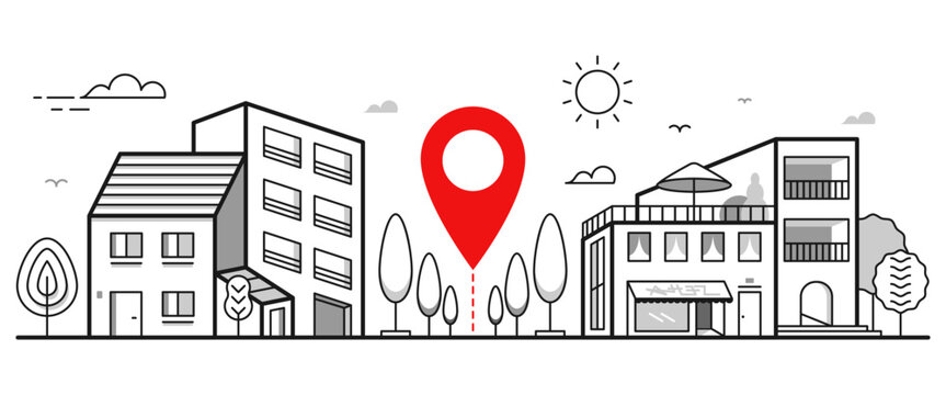 G&eacute;olocalisation dans une ville, aide &agrave; l'orientation dans un village, illustration de b&acirc;timents compos&eacute;s de traits, localiser un commerce ou une habitation, banni&egrave;re pour communication d'adresse