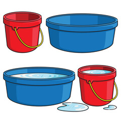 Cartoon bucket and tub of water. Empty and filled.