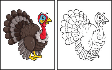 Coloring book cute turkey. Coloring page and colorful clipart character. Vector cartoon illustration.
