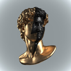 Abstract digital illustration from 3D rendering of a golden classical head bust with a black marble bolt shape on its face, isolated on background.