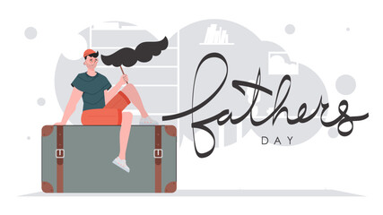 Father's day banner. A man holds a mustache on a stick. Cartoon style. Vector.