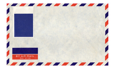 A nice vintage airmail letter envelope, front side, with a blank stamp, stripes on the margins and lots of copy space. Isolated.
