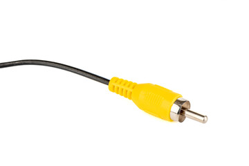 Close-up of a yellow RCA connector for transmitting an analog signal on a white background.