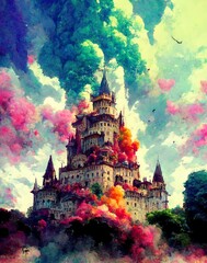 fantasy illustration about a big castle with colorful clouds and another castle, fairytale children book