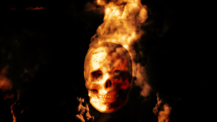 Burning horror of war concept - human skull with flames dark background - abstract 3D illustration