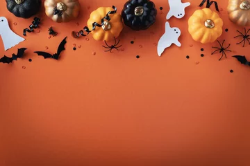 Keuken spatwand met foto Halloween holiday card with party decorations of pumpkins, bats, spiders, ghosts on orange background top view. Happy halloween greeting poster in flat lay style. © juliasudnitskaya