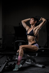 Fototapeta na wymiar A young dark-haired woman in a black top and shorts posing in the sports gym. Fit girl