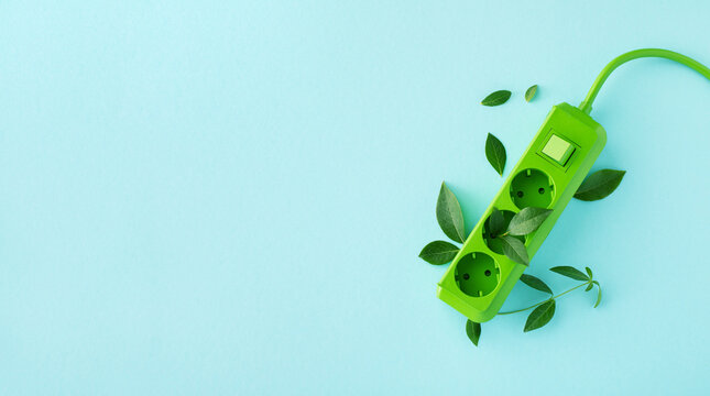 Green electric extension socket with fresh leaves top view. Renewable energy, eco or green power consumption concept.
