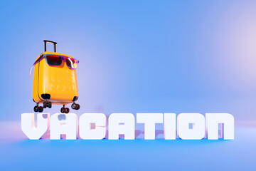 Fototapeta premium A yellow suitcase with blue glasses calls for a vacation on a blue background. Summer travel concept, 3d illustration