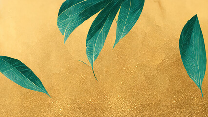 Gold floral leaf background with tropical elements and luxury style golden glitter. 