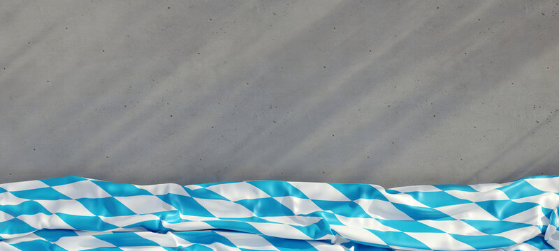 Oktoberfest background. Bavarian blue and white color flag on gray, banner.