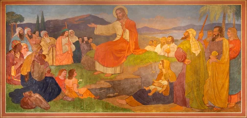 Rucksack BERN, SWITZERLAND - JUNY 27, 2022: The fresco of  Jesus at the Sermon on the Mount in the church Dreifaltigkeitskirche by August Müller (1923). © Renáta Sedmáková