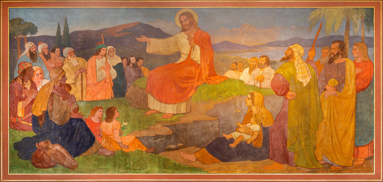 BERN, SWITZERLAND - JUNY 27, 2022: The fresco of  Jesus at the Sermon on the Mount in the church Dreifaltigkeitskirche by August Müller (1923).