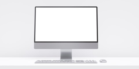 Computer desktop blank monitor, pc keyboard and mouse isolated on white.