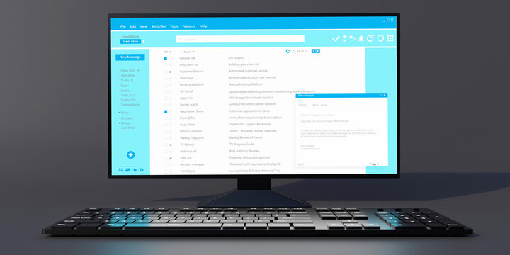 Email message communication. Client mail list on computer desktop monitor