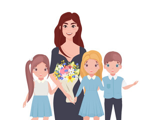 Teacher's Day. greeting card.Vector illustration of a teacher with a bouquet of flowers in his hands surrounded by students.