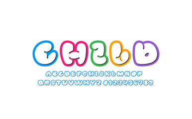 Comic font, round alphabet in the cartoon style, letters and numbers