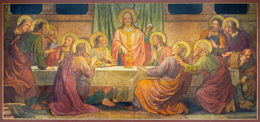 BERN, SWITZERLAND - JUNY 27, 2022: The fresco of Last Supper in the church Dreifaltigkeitskirche by...