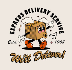 Walking retro cartoon delivery box package character as delivery service concept illustration. Vector illustration © paul_craft