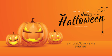 Halloween 70% off Sale Promotion Poster or banner with Halloween Pumpkin on orange background. Vector illustration eps 10