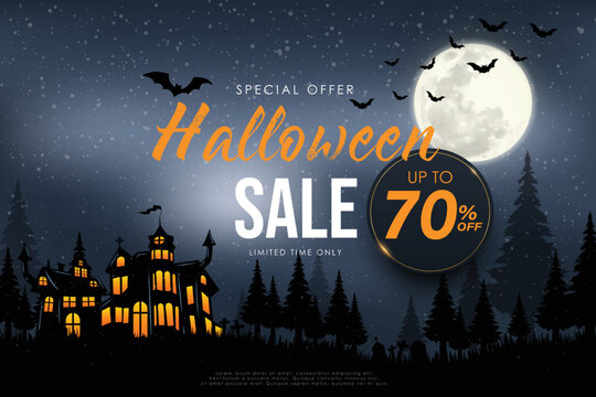 Halloween big sale poster with haunted castle and full moon. Halloween background. Vector illustration.