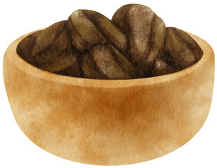 watercolor Roasted coffee beans in wooden bowl