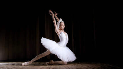 in rays of spotlight, on the stage of the old theater hall. Young ballerina in suit of white swan...