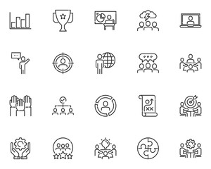 set of business people line icons, business, team, meeting