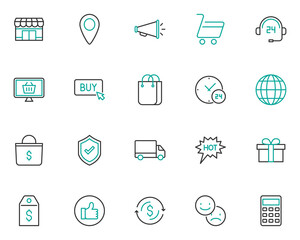 set of shopping line icons, online store