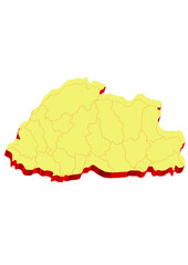 Illustration of the map of Bhutan with Unitary District, Region, Province, Municipality, Federal District, Division, Department, Commune Municipality, Canton Map 3D