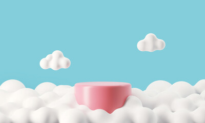 Podium stage with fluffy clouds on blue sky background. copy space, 3d rendering