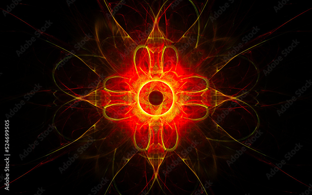Aufkleber abstract illustration of a computer generated fantastic emblem in various shapes and shades on a black background for use in symbology, signs for digital design and graphics