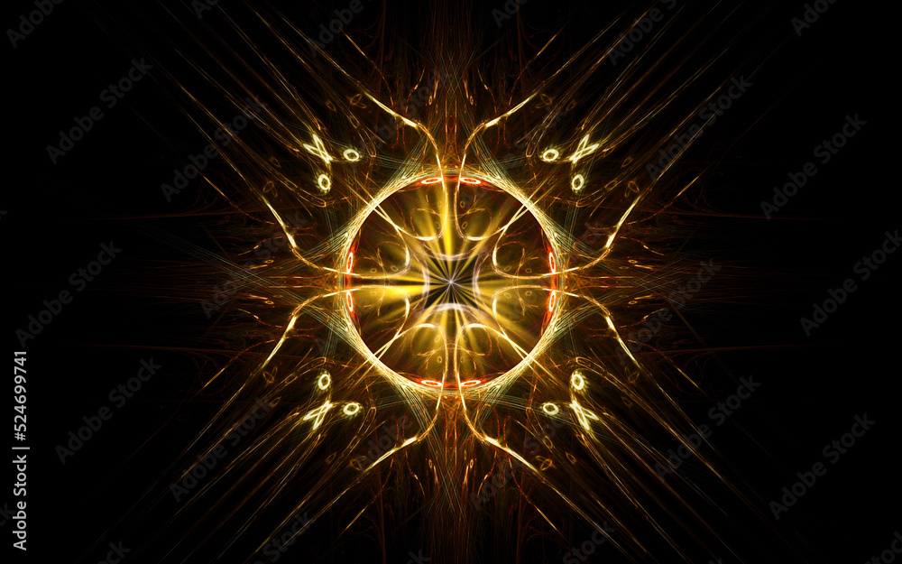 Aufkleber abstract illustration of a computer generated fantastic flower of various shapes and shades on a black background for use in symbology, signs for digital design and graphics