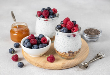Superfoods concept : chia pudding with homemade granola, fresh berries and honey on gray table. Healthy eating