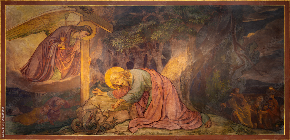 Sticker BERN, SWITZERLAND - JUNY 27, 2022: The fresco of prayer of Jesus in Gethsemane garden in the church Dreifaltigkeitskirche by August Müller (1923).