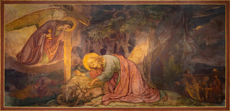 BERN, SWITZERLAND - JUNY 27, 2022: The fresco of prayer of Jesus in Gethsemane garden in the church Dreifaltigkeitskirche by August Müller (1923).