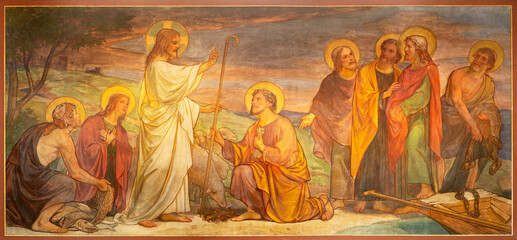 BERN, SWITZERLAND - JUNY 27, 2022: The fresco Jesus consigning the keys to Peter in the church Dreifaltigkeitskirche by August Müller (1923). - obrazy, fototapety, plakaty