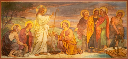 Foto op Canvas BERN, SWITZERLAND - JUNY 27, 2022: The fresco Jesus consigning the keys to Peter in the church Dreifaltigkeitskirche by August Müller (1923). © Renáta Sedmáková
