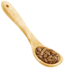 watercolor cocoa beans in wooden spoon