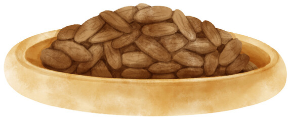 watercolor cocoa beans in wooden plate