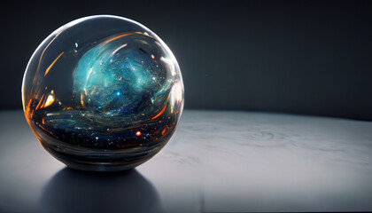 A Swirling Spiral Galaxy Inside Glass Marble, generative AI